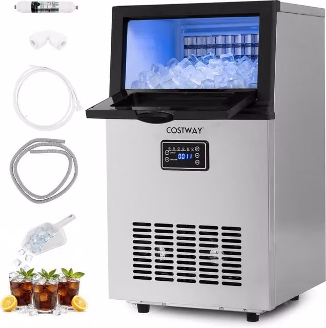 Costway Stainless Steel Ice Machine with Ice Scoop, Silver