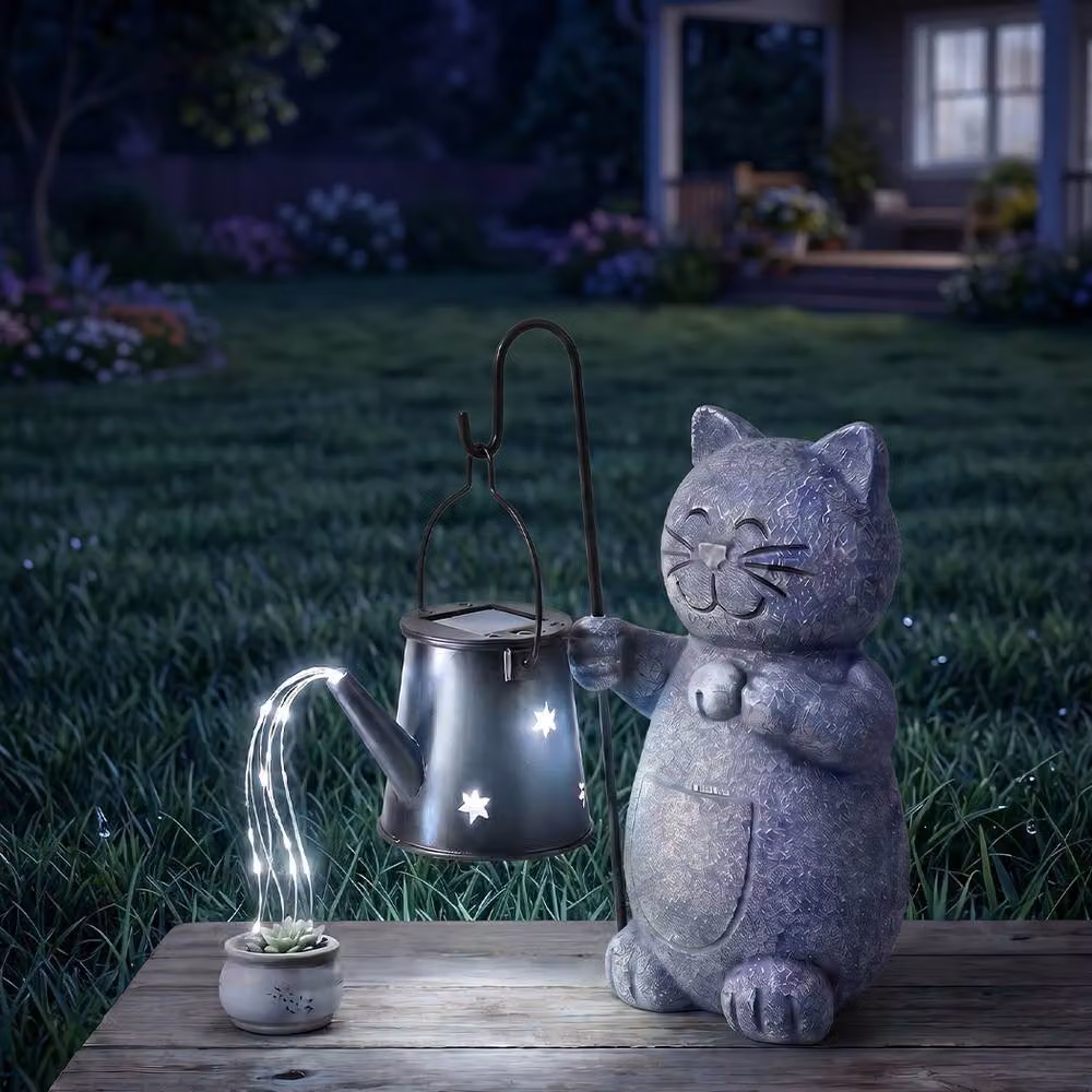 Emitto Solar Cat Garden Statue Ornament in Stone Grey and Black – 3