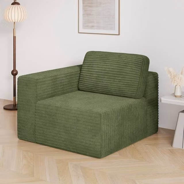 Dprodo Corduroy Modular Sofa, Left Seat Only, Green, W/D/H: 101 x 101 x 82 cm