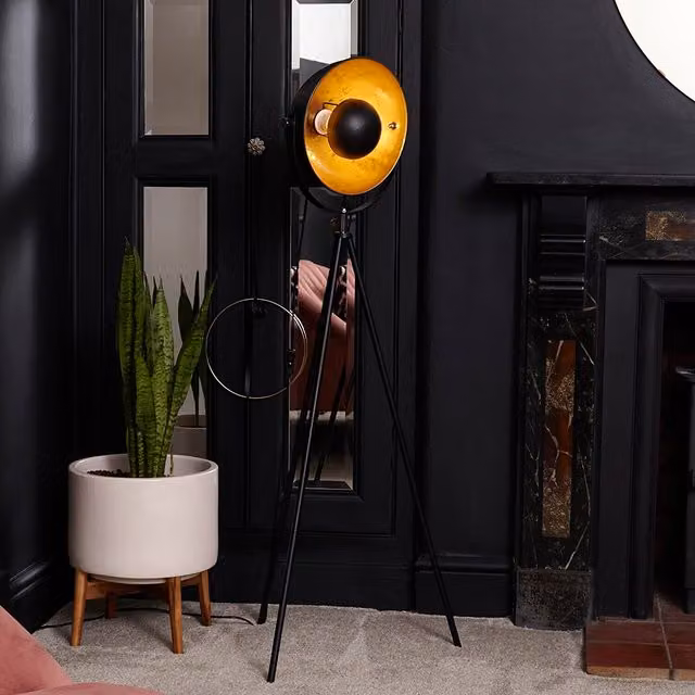 Morpho Tripod Floor Lamp in Black and Gold/Brass Metal