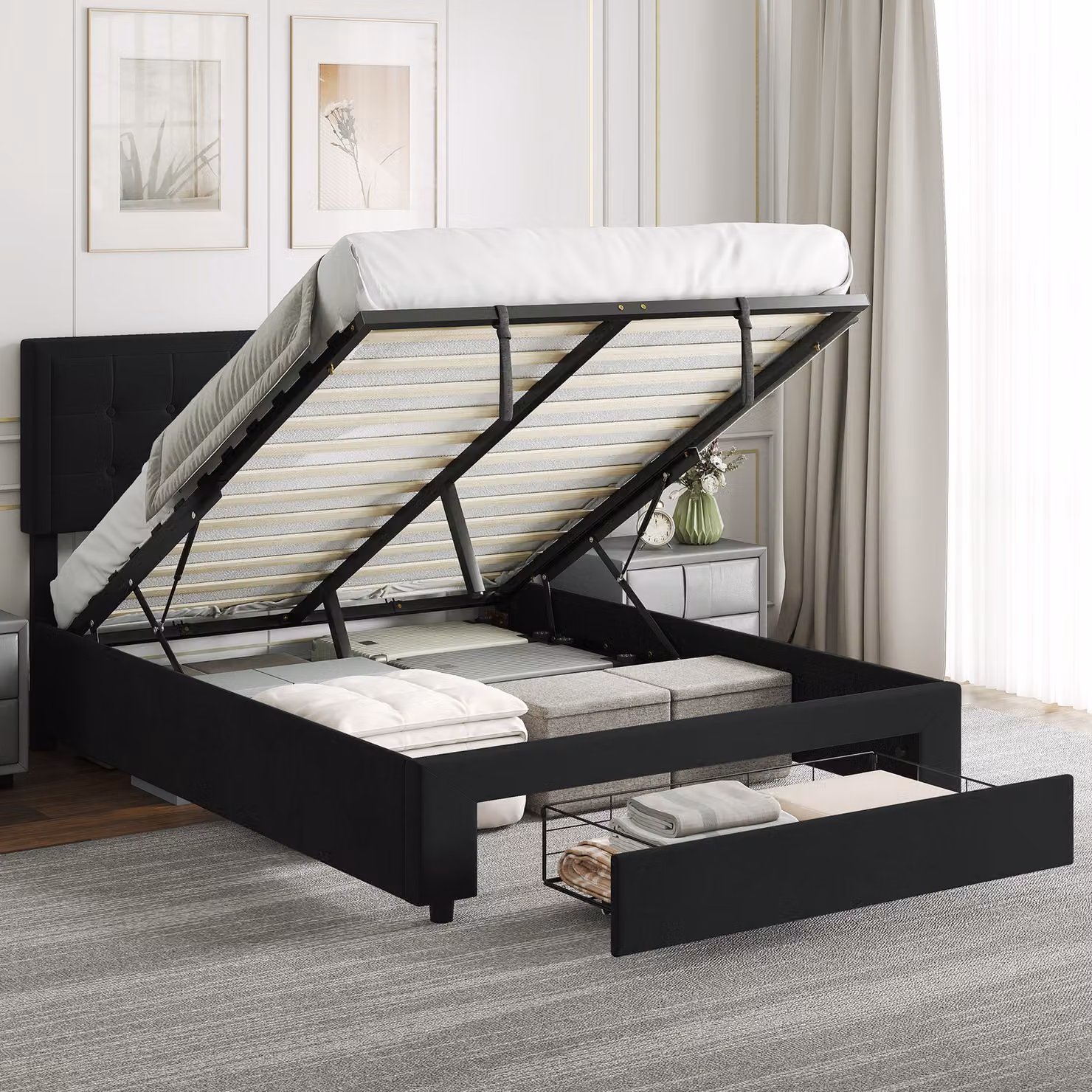 HOMCOM Modern Double Ottoman Bed Frame in Black Velvet with Lift-Up Base, W: 140 cm, L: 200 cm – 2