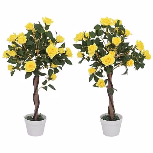 Outsunny Set of 2 Yellow Artificial Rose Trees, 90 cm Height