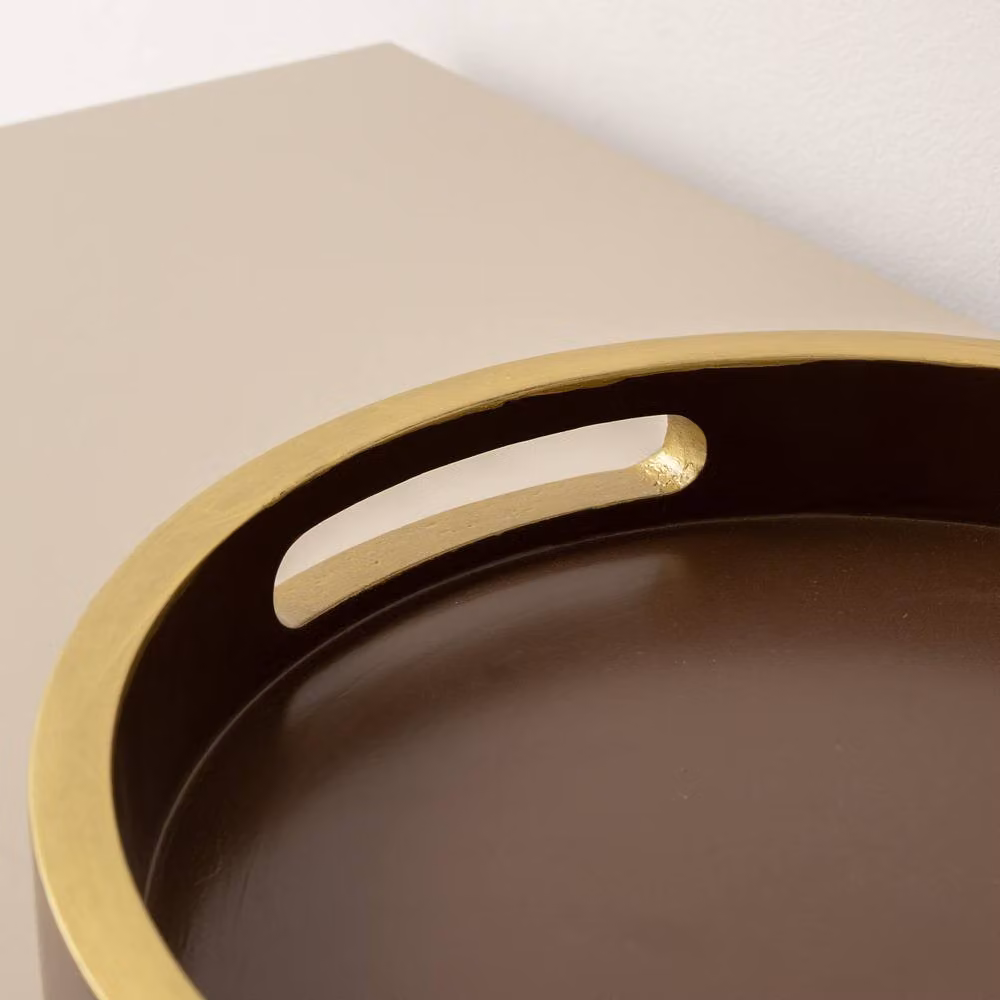 Melody Maison Large Round Decorative Tray in Dark Wood and Gold, Brown and Multicolour – 2