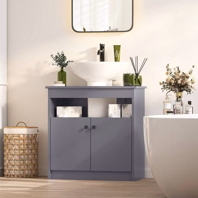 KEEPREAPER Mid-Century Grey Freestanding Under Sink Bathroom Cabinet with 2 Hinged Doors and Internal Shelves, Width: 60 cm – 1