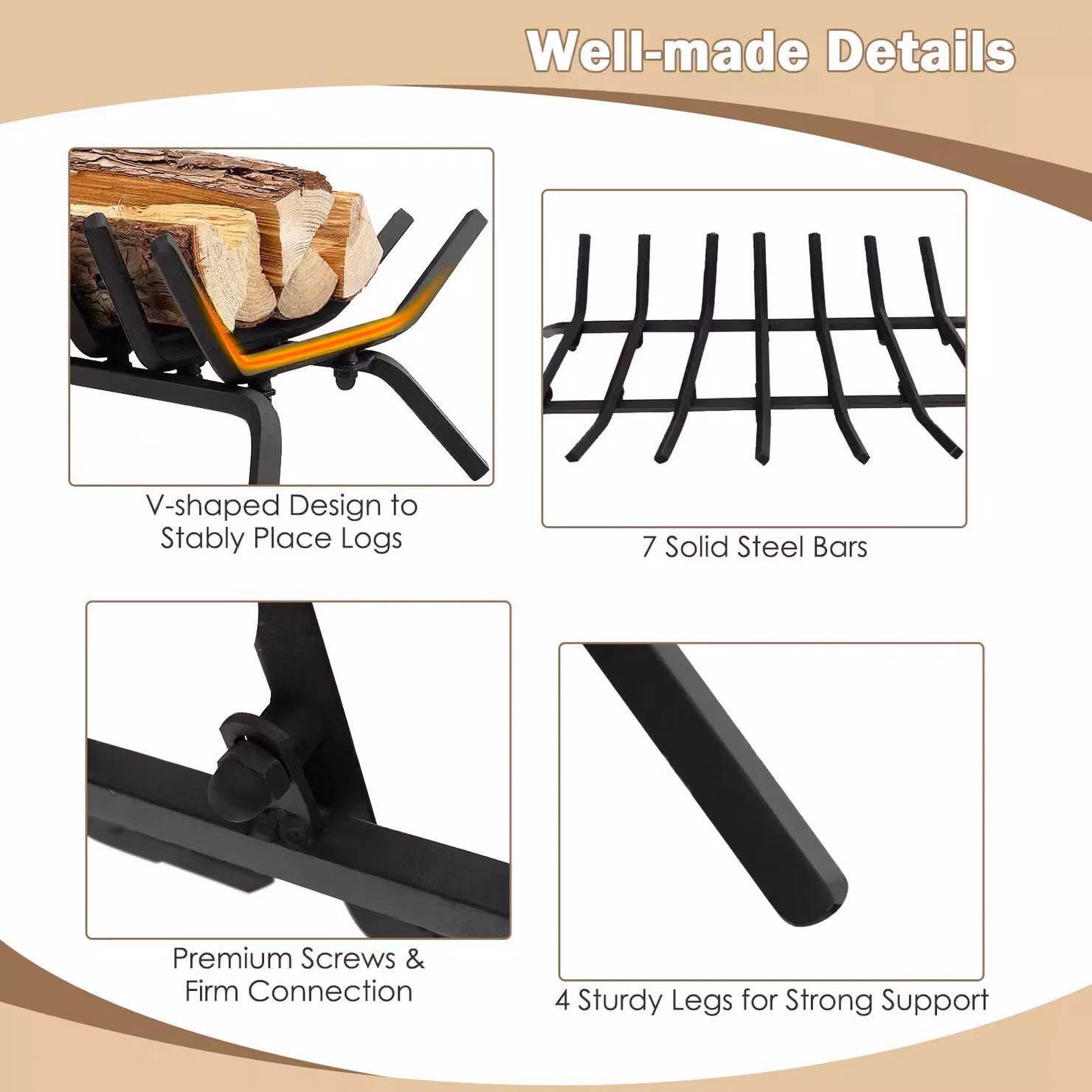Costway V Shape Heavy-Duty Iron Log Grate with 7 Steel Bars, Black – 3