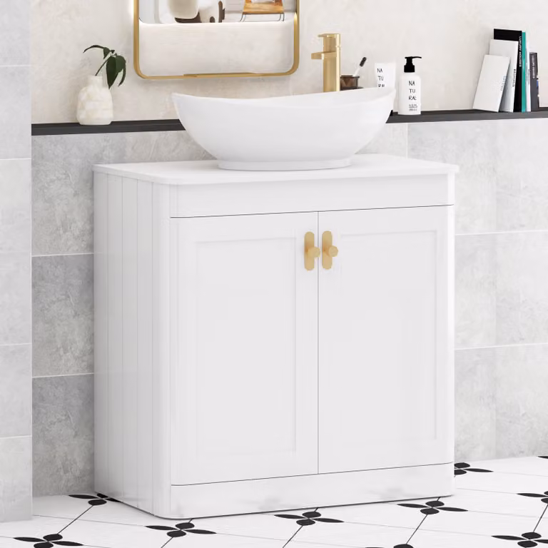 Royal Bathrooms Henley 800mm Gloss White Floor Standing 2 Door Vanity Unit with Amaze Basin and Brushed Brass Knob
