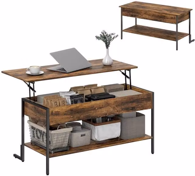 FORGEVIO Industrial Lift Top Coffee Table with Storage Shelf in Rustic Brown