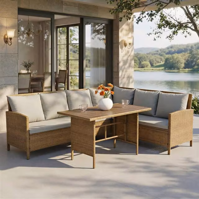 Home Garden Direct Alia 6 Seater Rattan Corner Dining Sofa Set with Polywood Table Top in Brown – 1