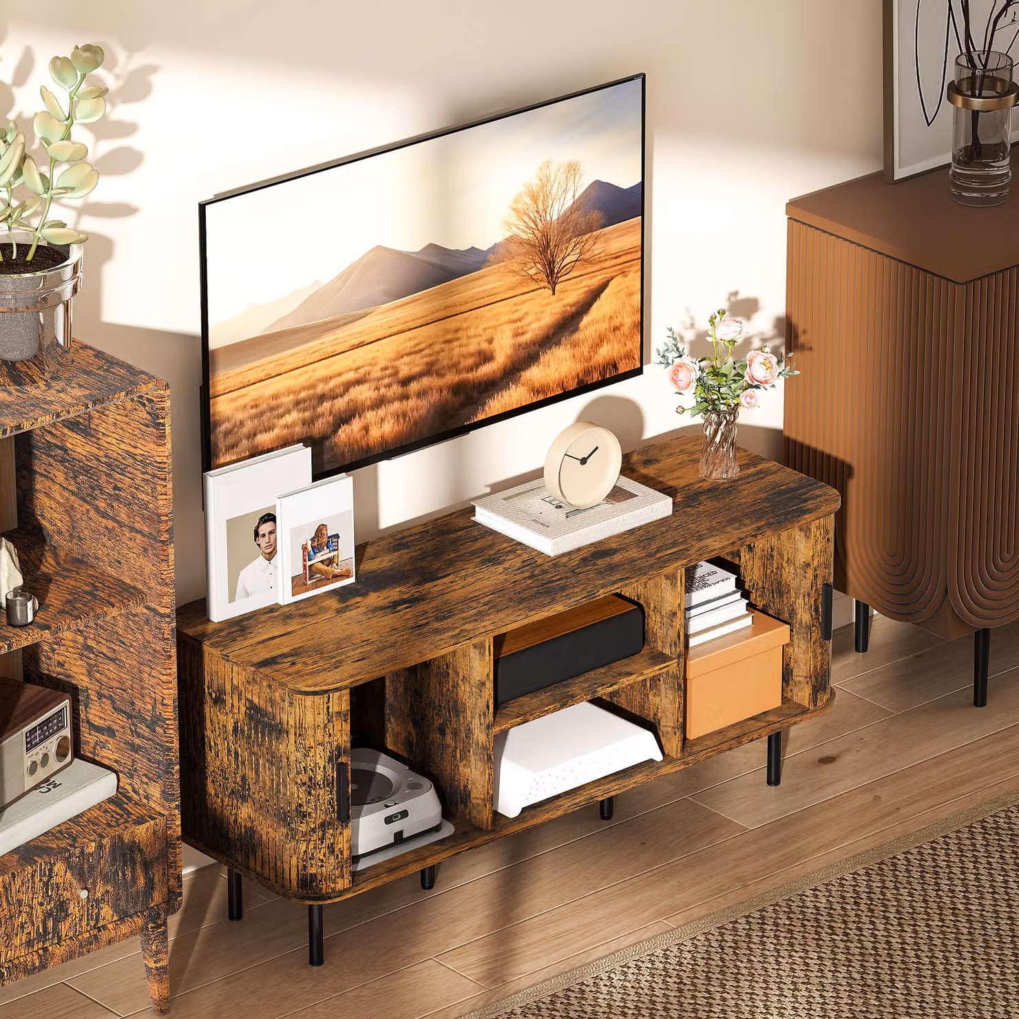 HOMCOM Rustic Brown TV Stand Cabinet for TVs up to 55 Inches with Storage Shelves and Cupboard – 8