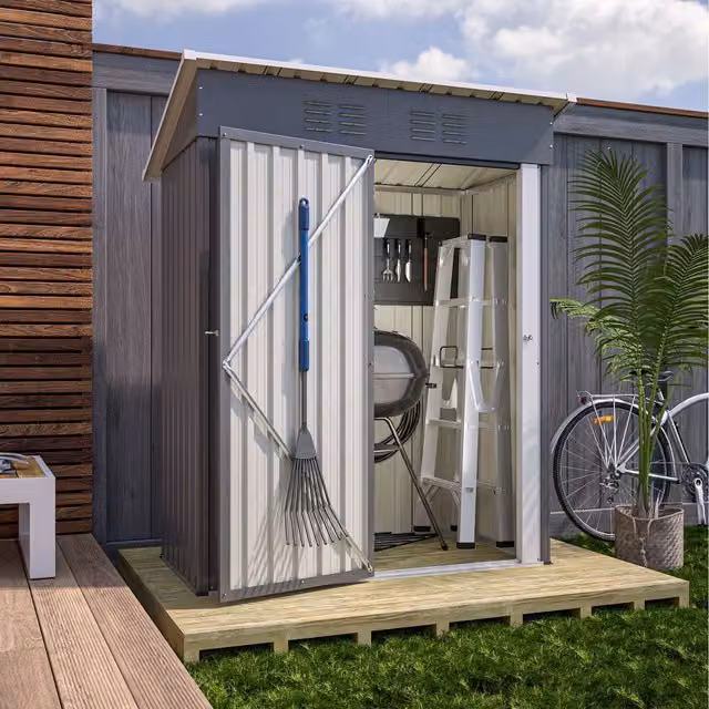 Birchtree Metal Pent Garden Shed with Double Doors in Grey and White, W/D/H: 91.44 x 91.44 x 91.44 cm