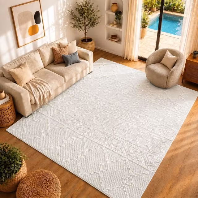 Livabliss Hygge Hand Woven Wool Global Rectangular Rug in White and Beige, W: 90 cm, L: 150 cm