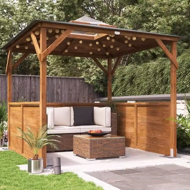 Dunster House Brown Wooden Half Height Solid Wall Gazebo with Curved Dome Design