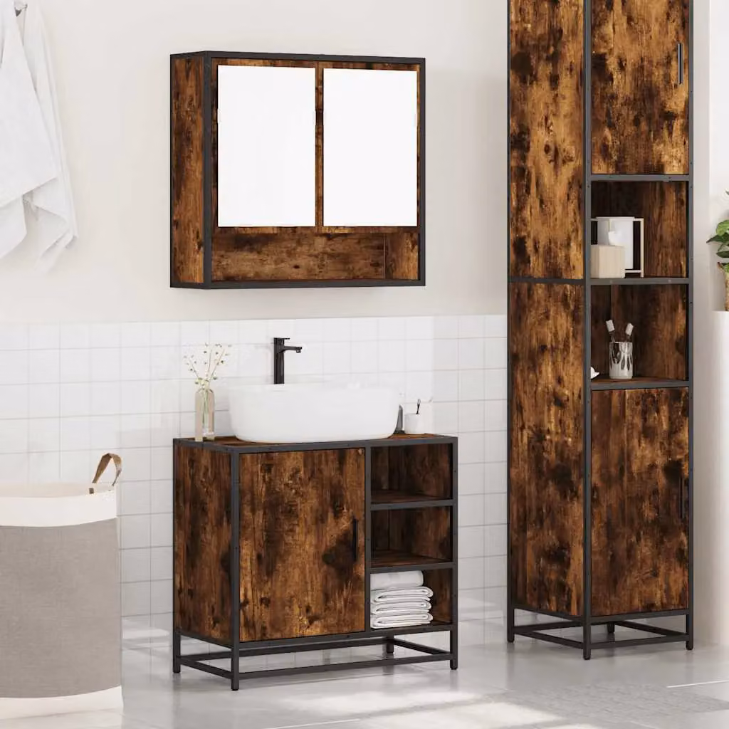 Berkfield Home 2 Piece Industrial Bathroom Furniture Set in Smoked Oak Brown, featuring a Wall-Mounted Vanity Unit and Mirror Cabinet – 3