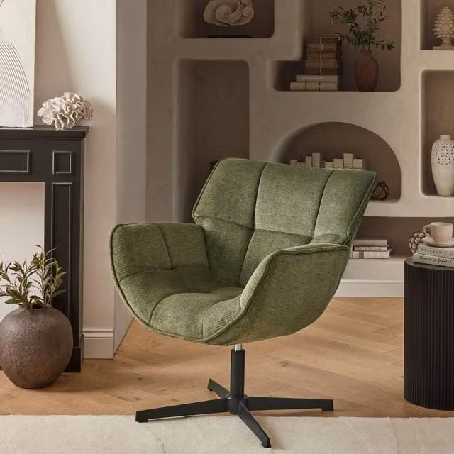 Wyld and Coco Retro Green Polyester Swivel Armchair with Metal Frame – 1