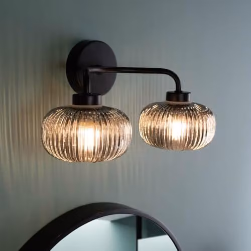 ValueLights Amaia Matte Black 2 Way Up and Down Wall Light with Smoked Grey Ribbed Glass Lampshades and LED Bulb, IP44 Rated – 5