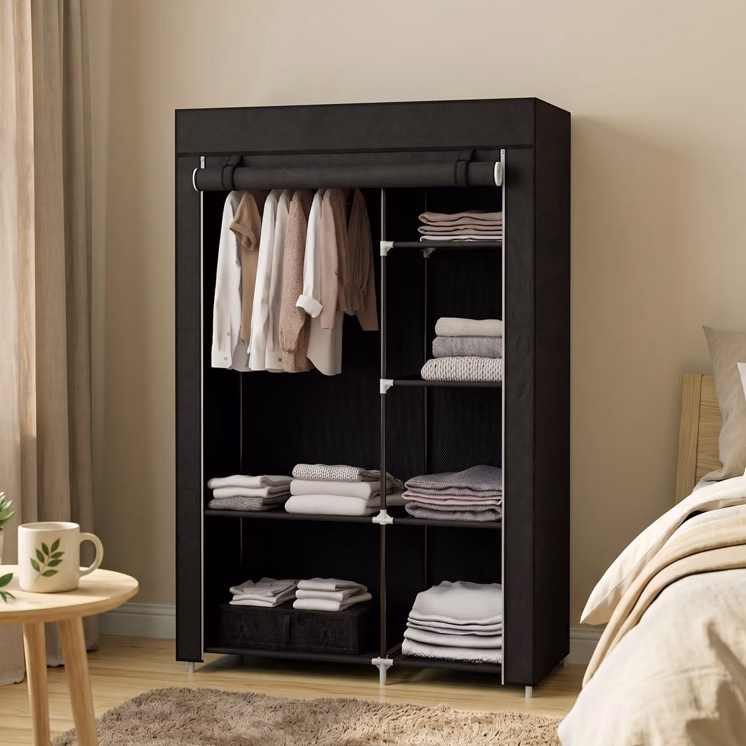 HOMCOM Black Fabric Wardrobe with Internal Shelves and Hanging Rail, W/D/H: 103 x 43 x 162.5 cm – 2