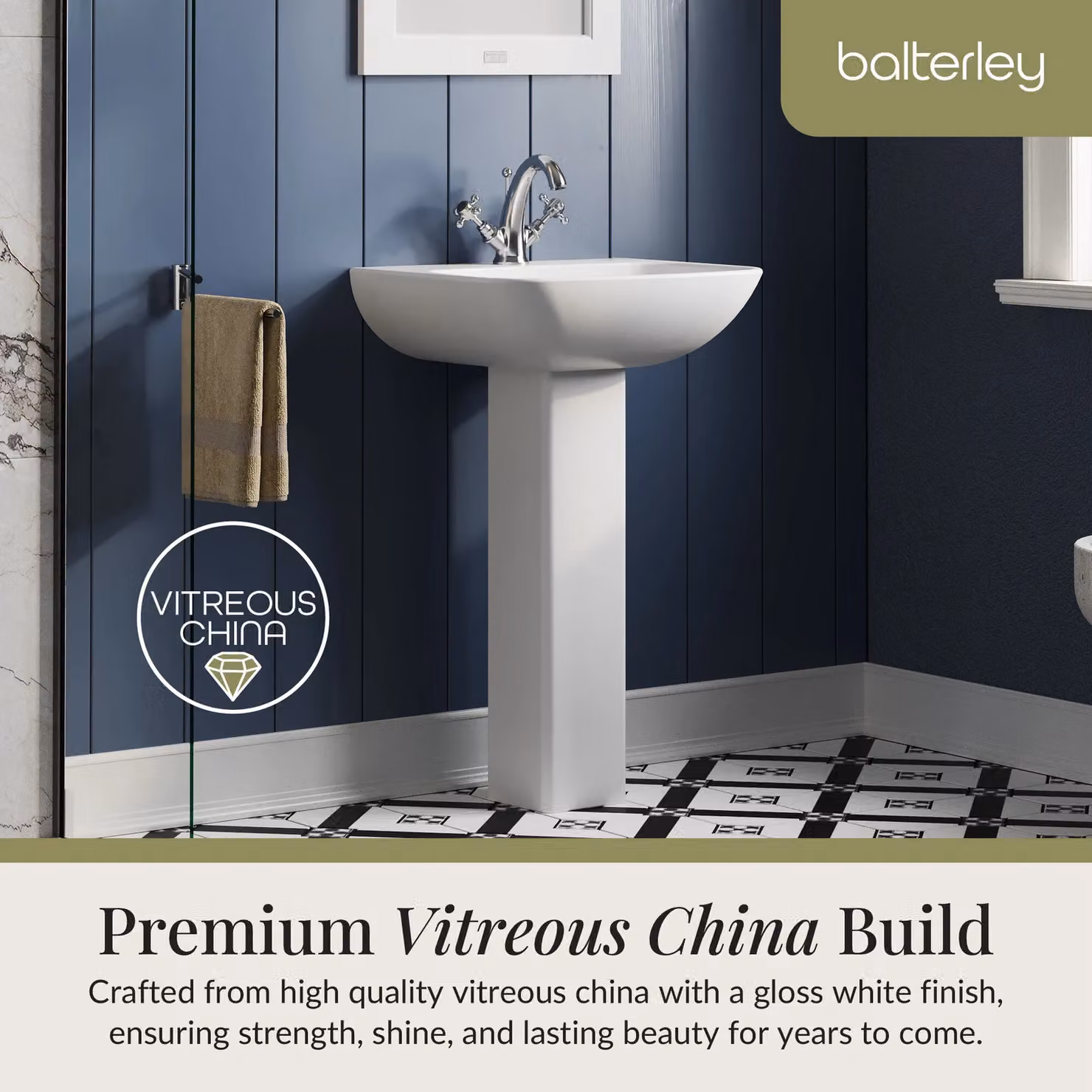 Balterley Soft Square 1 Tap Hole Basin with Full Pedestal, White, Width: 54.5 cm – 4