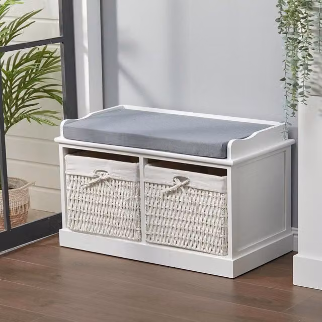 Livingandhome White Upholstered Hallway Bench with 2 Rattan Storage Baskets