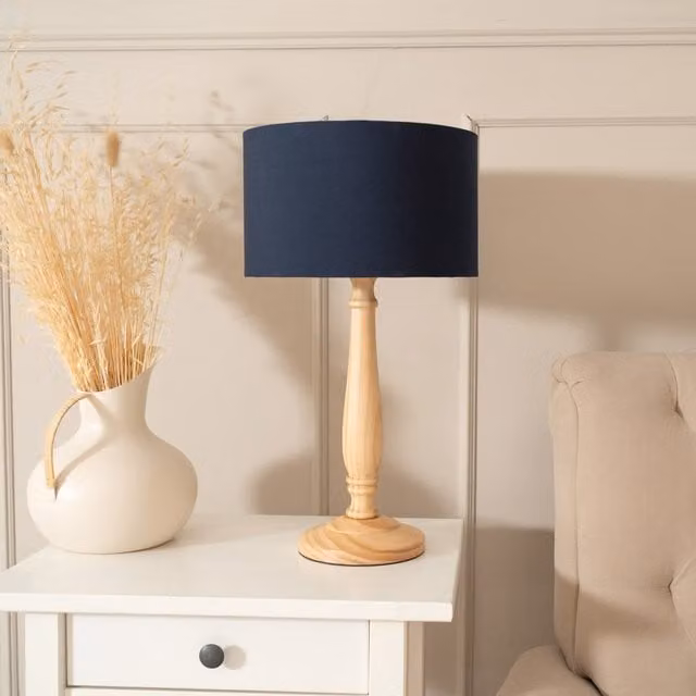 ValueLights Victoria Light Wood Table Lamp with Blue Fabric Drum Shade
