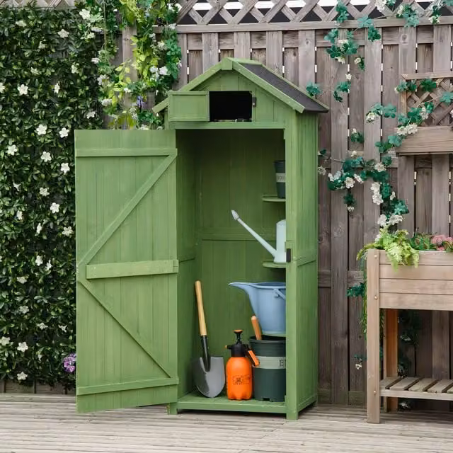 Outsunny Green Lacquered Wood Garden Storage Shed with 3 Internal Shelves and Hinged Doors