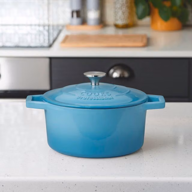 Cooks Professional Enamelled Cast Iron Round Casserole Dish, Blue, 21 cm