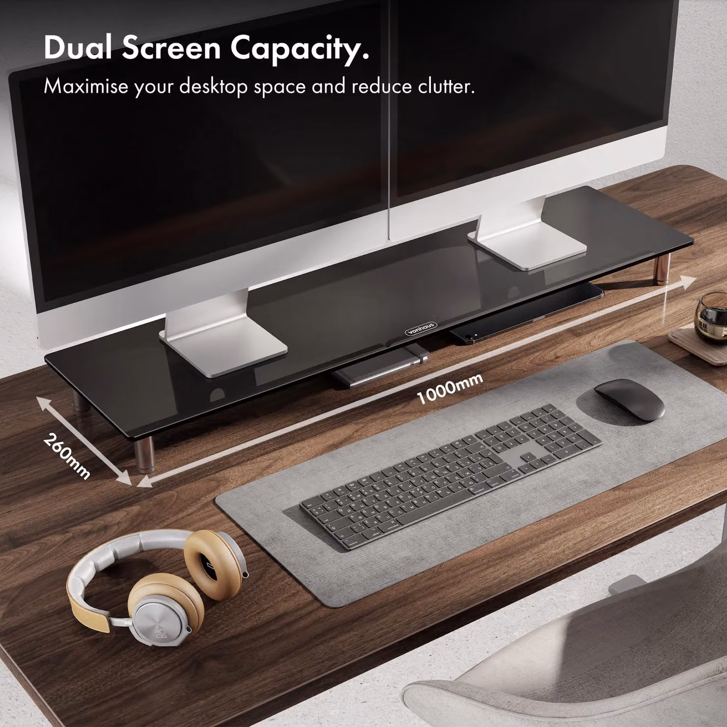VonHaus Height Adjustable Black Glass Dual Monitor Screen Riser – 2