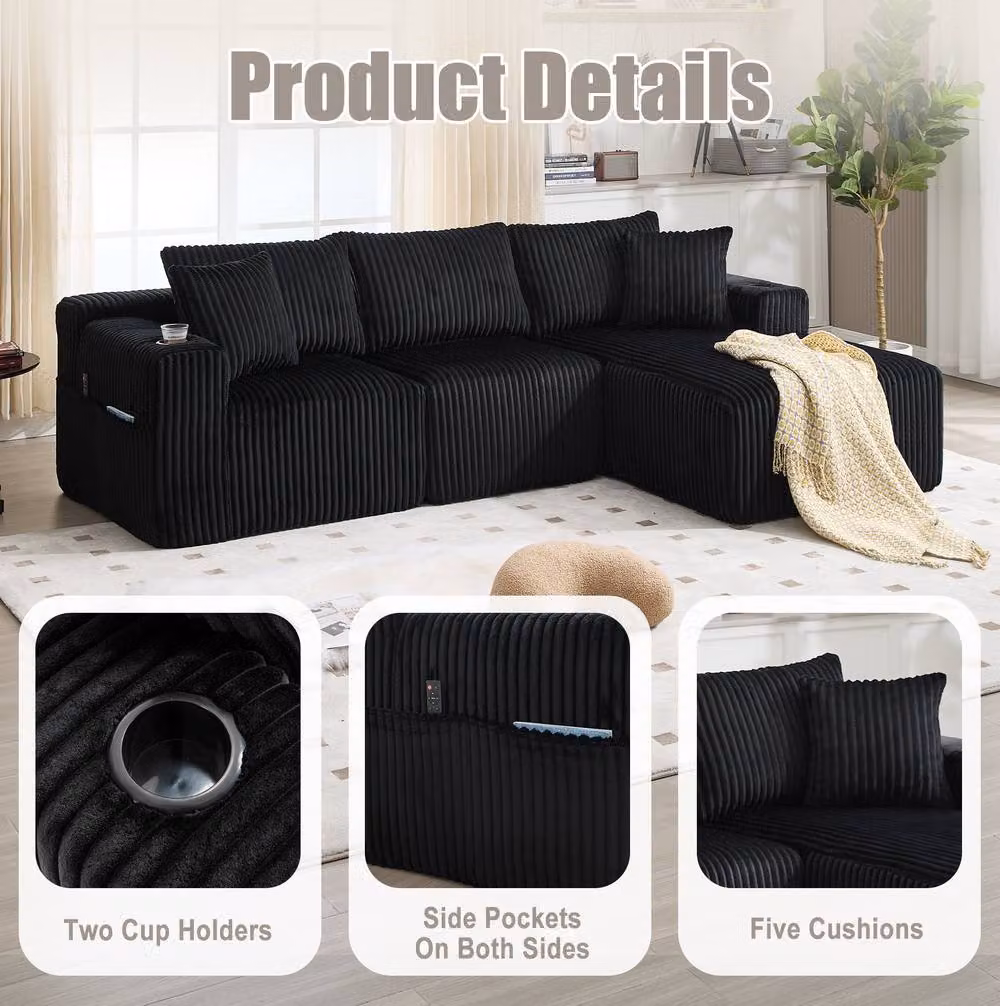 STILVORA Modular L-Shaped Upholstered Sofa in Black with Cup Holders, Sleeping Function and Scatter Cushions – 4