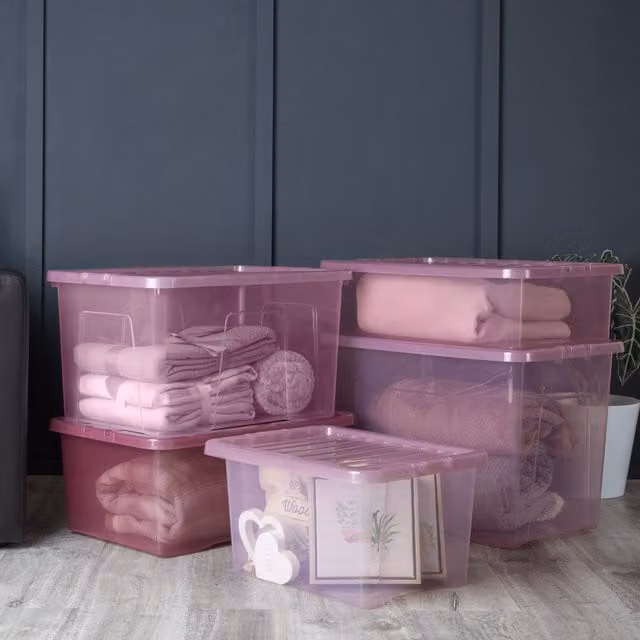 Wham Crystal Multisize Stackable Box and Lid Set in Pink Transparent Plastic