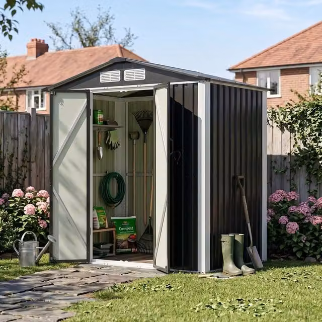 Breeins Lockable Metal Gable Garden Storage Shed in Black and White, W/D/H: 182.88 x 121.92 x 182.88 cm