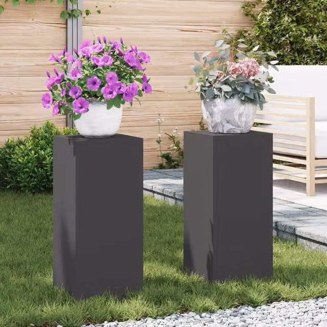 Berkfield Home Outdoor Pillar Plant Stands, 2 Piece Set, Black Steel, W/D/H: 24 x 24 x 55 cm