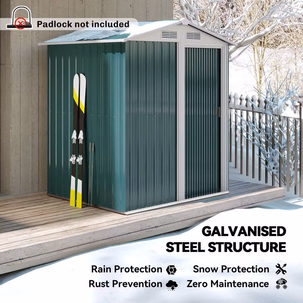 Rolipo Green Metal Pent Garden Shed with Sliding Door and Foundation, W/D/H: 152 x 132 x 188 cm – 5