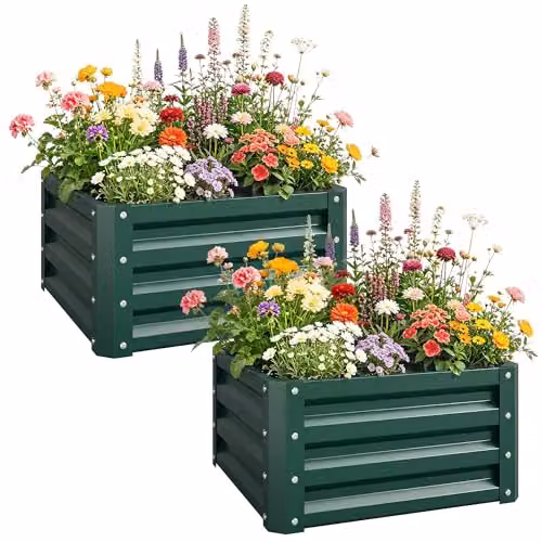 Outsunny Set of 2 Green Steel Raised Garden Beds, W/D/H: 60 x 60 x 30.5 cm