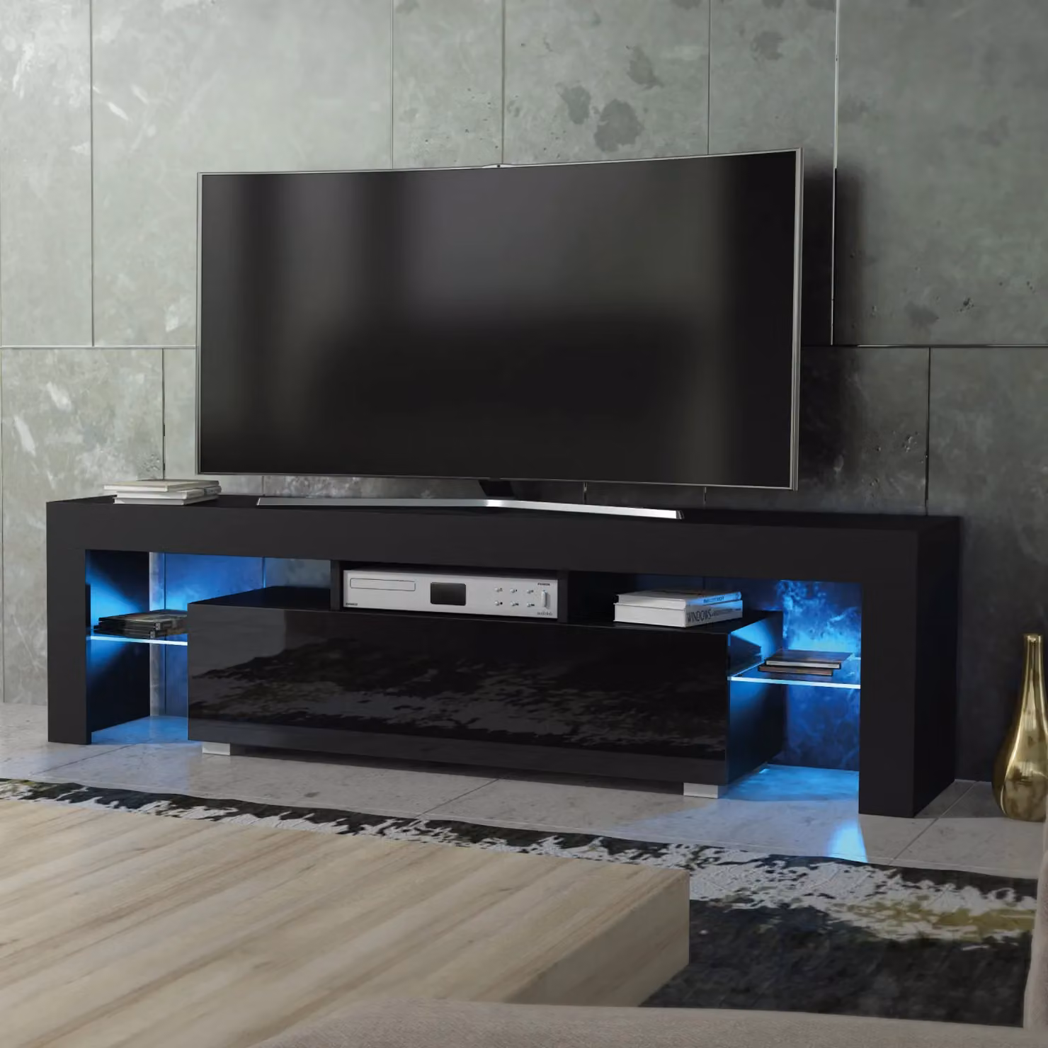 Mex Furniture LTD Modern Glossy Black TV Unit with LED Lighting, W: 160 cm, D: 35 cm, H: 45 cm – 5