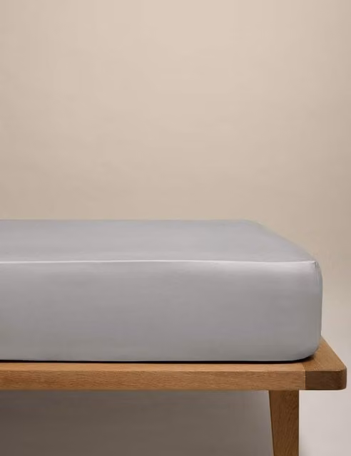 M&S Egyptian Cotton 400 Thread Count Mako Satin Silky Deep Fitted Sheet, Grey, W/D/H: 180 x 200 cm