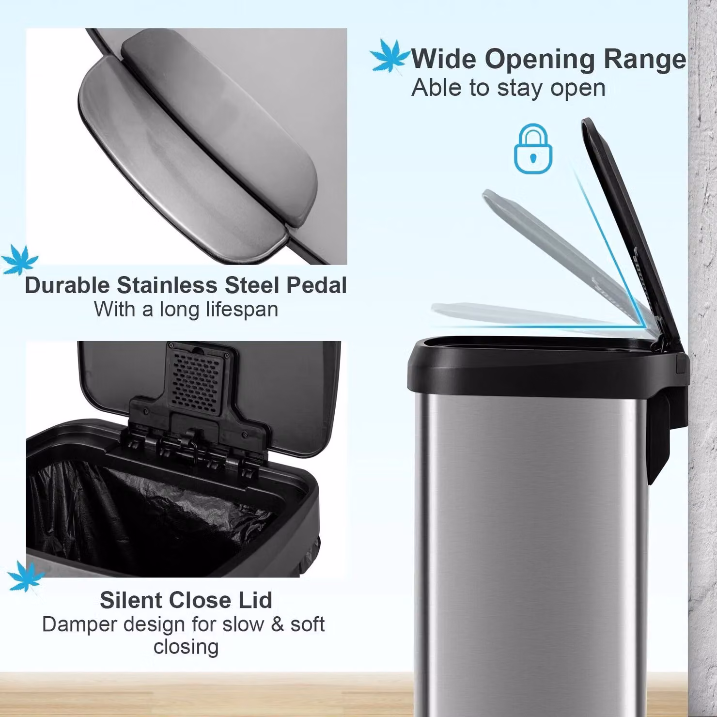 Costway 50L Stainless Steel Rectangular Step Trash Bin with Pedal in Silver – 6
