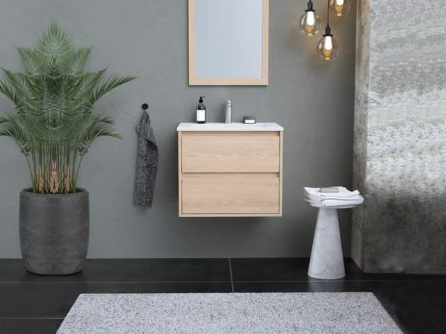Vente-unique Suspended Bathroom Furniture with Built-In Sink in Light Oak Veneer, W: 60 cm, D: 45 cm, H: 50 cm – 1