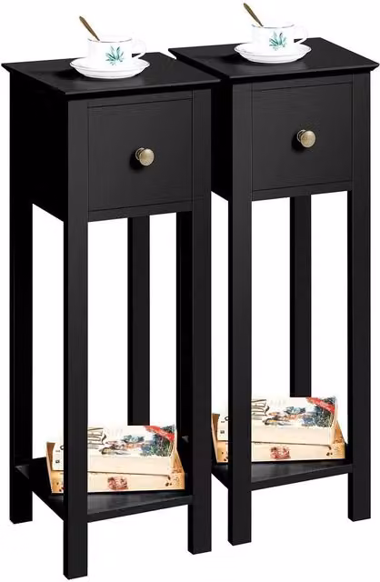 FORGEVIO Black Slim Bedside Table Set of 2, Minimalist Narrow Wooden Nightstands