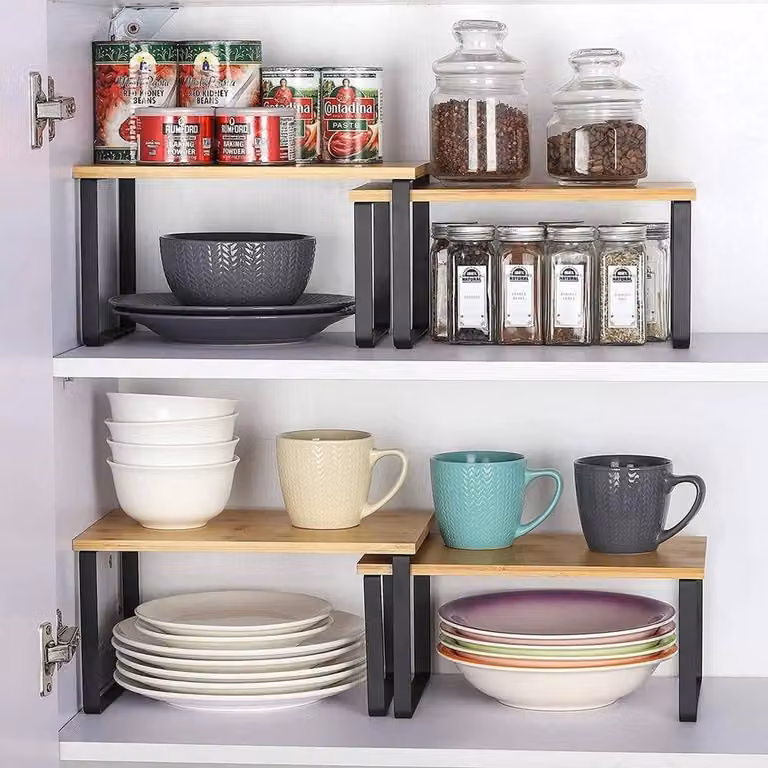 FORGEVIO Set of 2 Expandable Multicolour Kitchen Cupboard Shelf Organisers