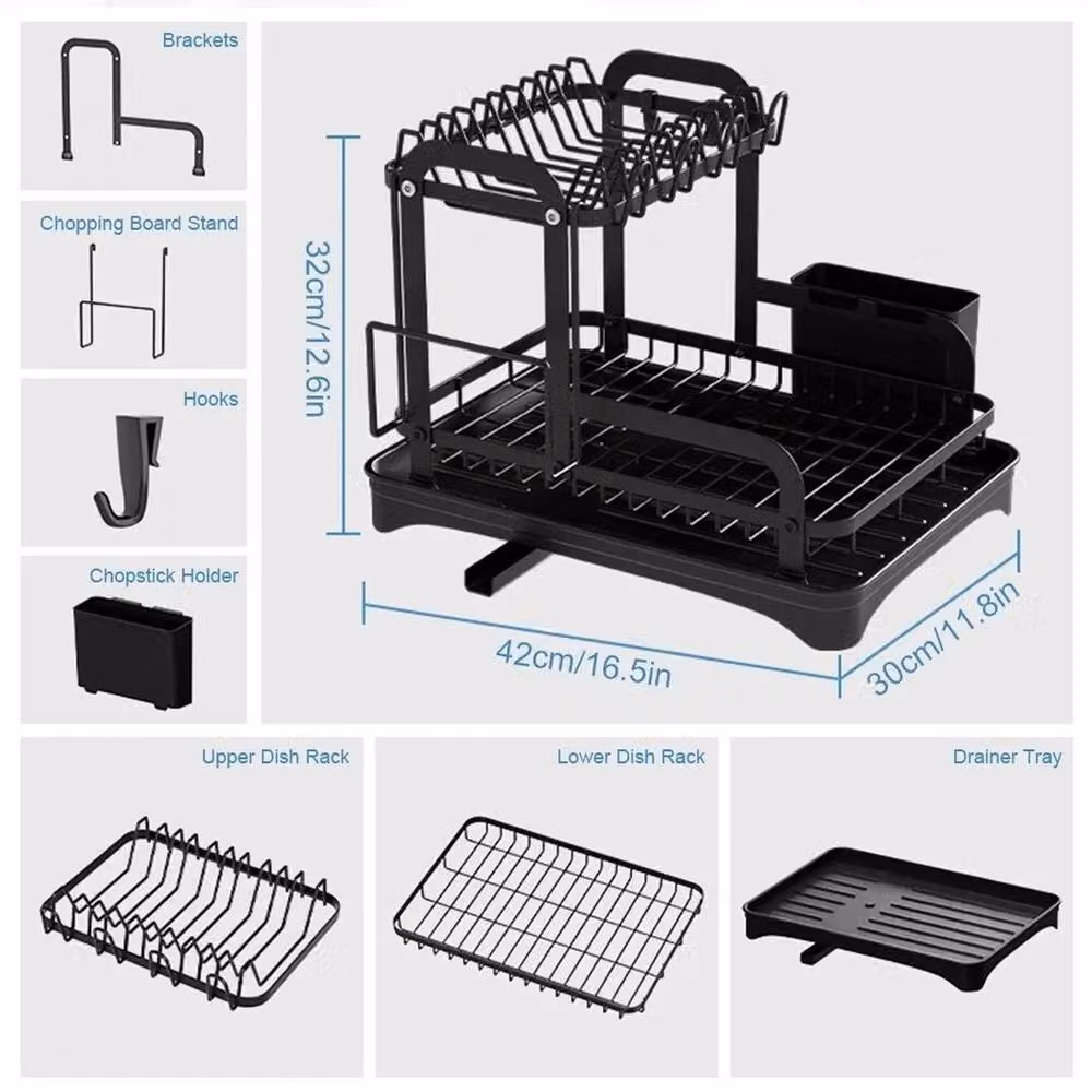 EONLION 2 Tier Black Wire Cutlery and Cup Draining Holder with Drip Tray – 2
