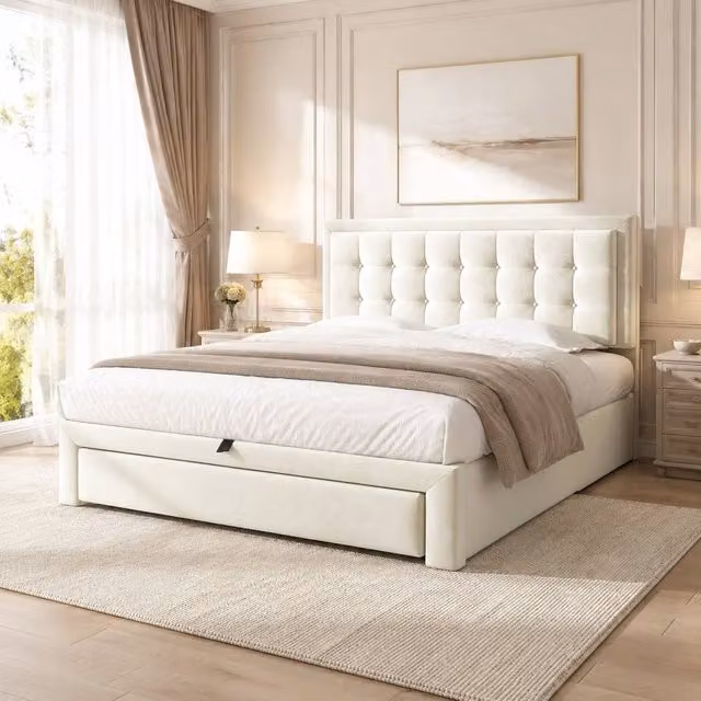 STILVORA Upholstered Double Bed with Lift Up Storage Base in Beige