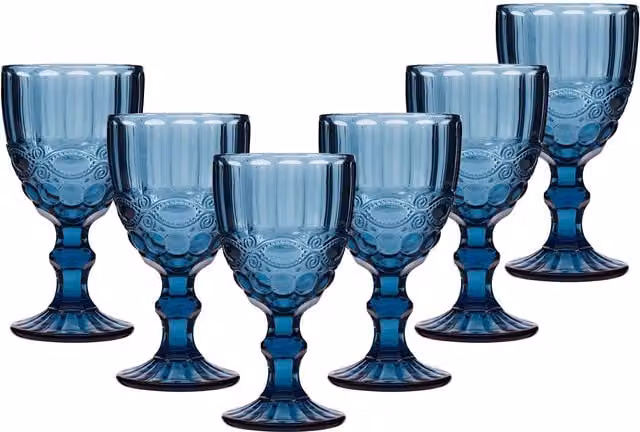 Dibor Set of 6 Sapphire Blue Vintage Luxury Wine Goblets, 350ml per glass