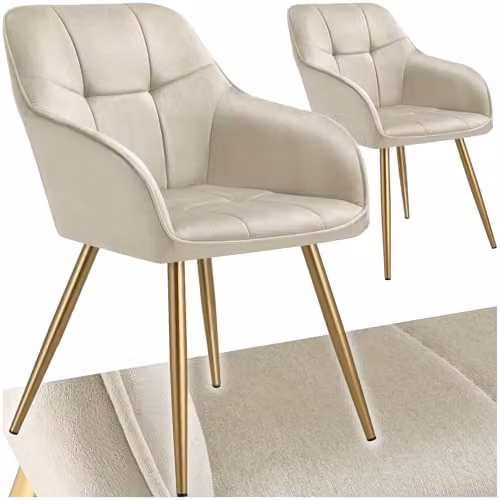 tectake Set of 2 Marilyn Dining Chairs with Velvet Fabric and Gold Metal Legs in Cream/Gold – 1