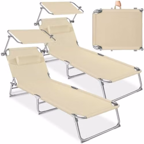 tectake Set of 2 Folding Sun Loungers in Beige with Sunshade, 4-Position Backrest and Head Cushions, H x W x D: 111 x 68 x 190 cm – 1