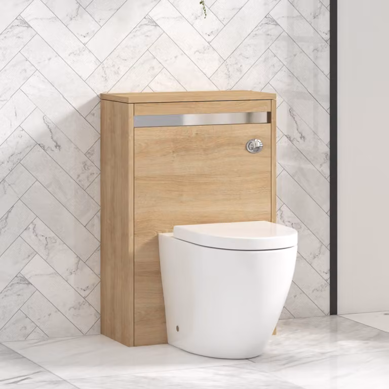 Royal Bathrooms Orion Natural Oak Wall Mounted WC Unit with Elva Rimless Ceramic Toilet Pan, Soft Close Seat and Cistern, Width: 54 cm