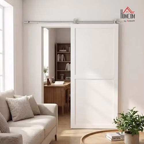 HOMCOM Silver Brushed Stainless Steel Sliding Barn Door Hardware Track Kit – 2
