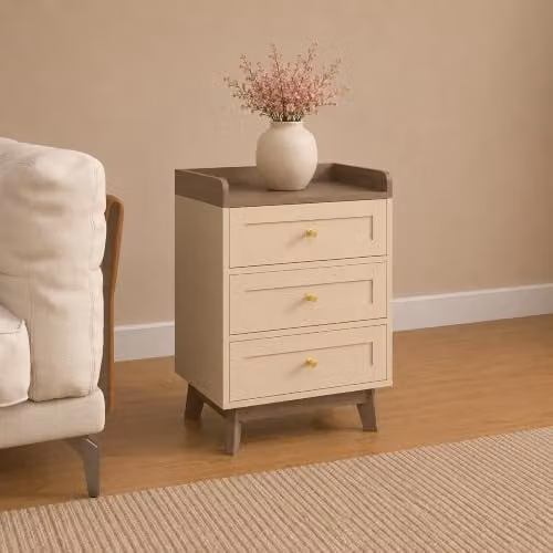 Melody Maison Oswin 3 Drawer Bedside Table in Beige and Gold, W/D/H: 35 x 47 x 66 cm – 1