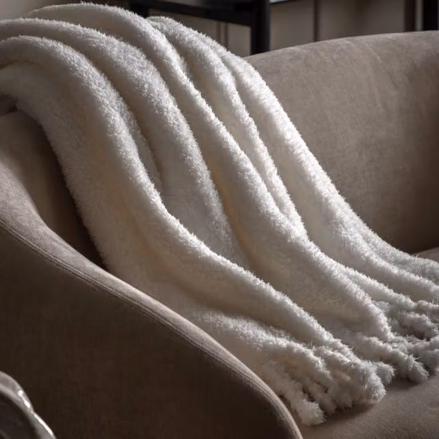 Terrys Plain Fluffy Teddy Throw with Fringes, Beige and White, W: 130 cm, L: 170 cm