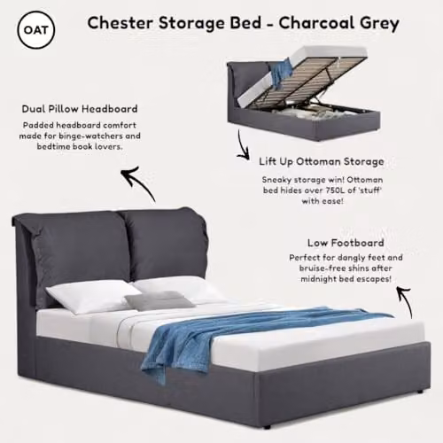 OAT Home Chester Upholstered Ottoman Storage Bed Frame with Pillow Headboard, Anthracite Grey, W/D/H: 180 x 200 x 158 cm – 5