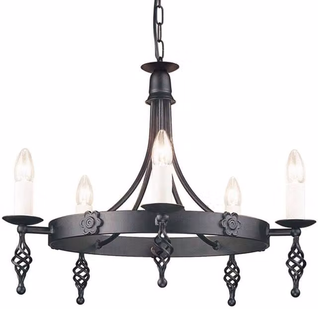 Elstead Belfry 5 Light Chandelier in Black Metal and Glass with E14 Fitting