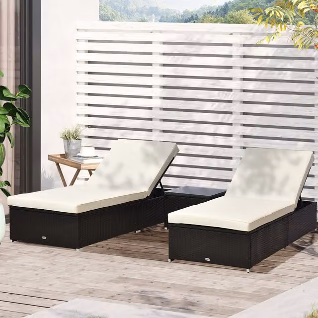 Outsunny 3-Piece Rattan Sun Lounger Set with Weatherproof Cushions in Brown